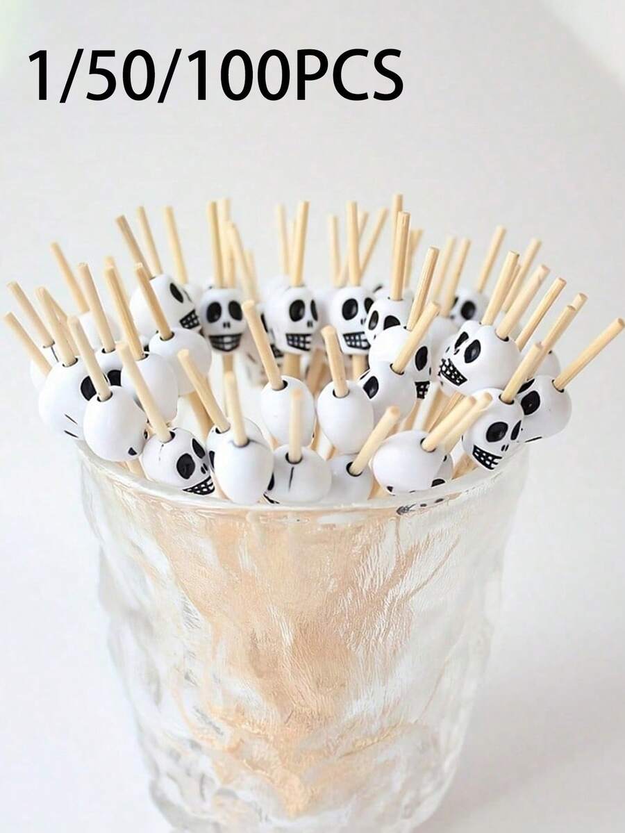 50/100pcs/Pack, Skull Fruit Picks, Rooster Tail Picks, Creative Hamburger And Pastry Picks, Bamboo Sticks. Suitable For Christmas And Day Of The Dead Theme Parties, Enhancing Party Atmosphere, Rooster Tail Picks - Multicolor - View 1