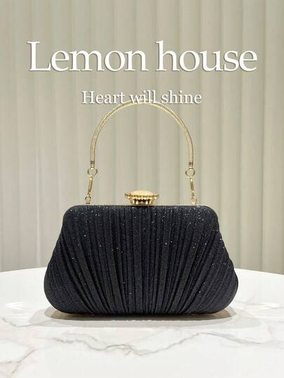1pc Black Elegant Shiny Pleated Clutch Handbag, Vintage Cheongsam Style Evening Bag For Women, Suitable For Dinner, Party, Wedding, Prom, Gathering, Ideal Gift For Women