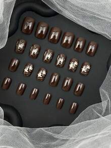 24片短方型假指甲，復古溫柔棕色美甲，粉色花卉浮雕假指甲，秋冬優雅美甲套組，適合女性日常、海灘、度假美甲用品 + 2件美甲工具 - 彩色 - 查看 4