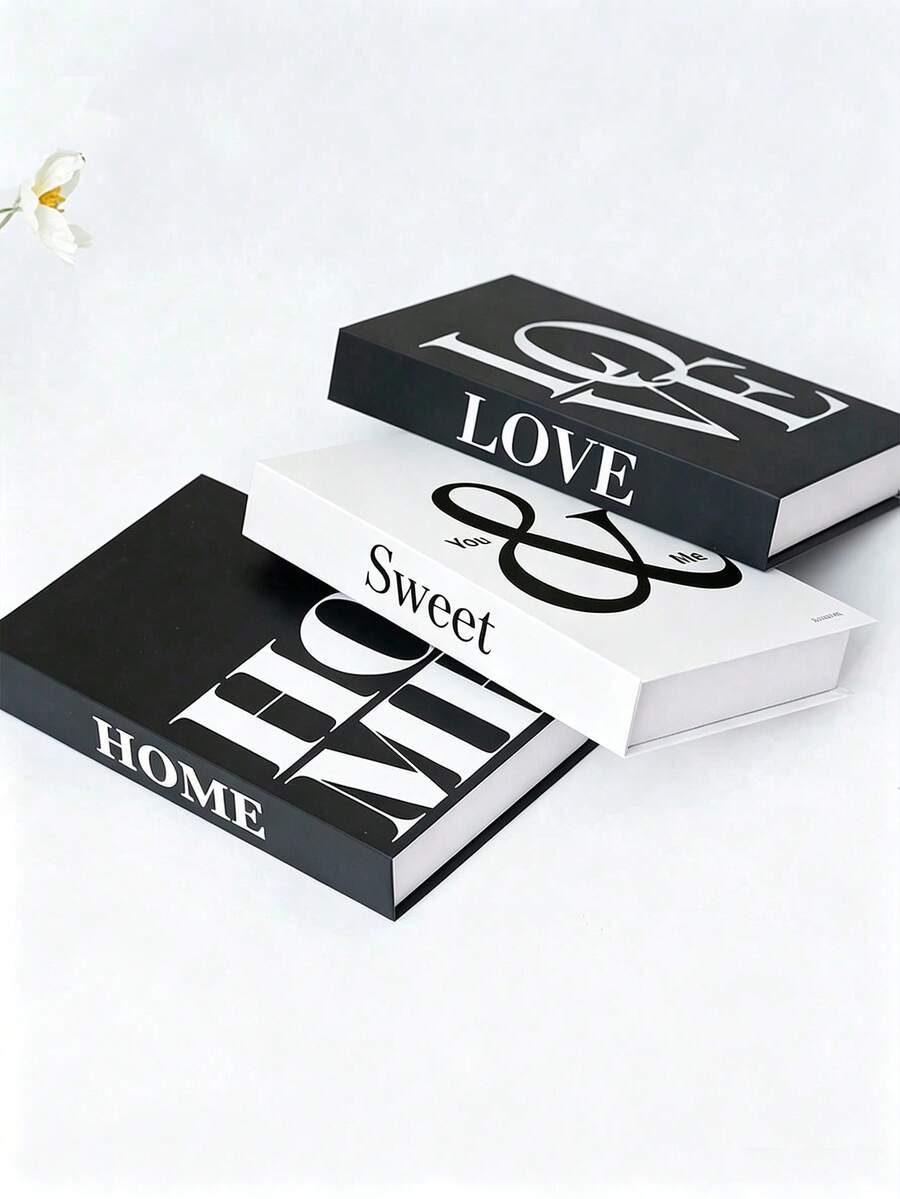 3 piezas/1 pieza Libros decorativos falsos Love+Sweet+Home, decoración del hogar con texto cálido, adecuado para sala de estar, dormitorio, soporte de TV, estantería, pared, esquina, entrada, vestíbulo, diseño de escritorio en capas, regalo para maestros - Blanco y Negro - Ver 1