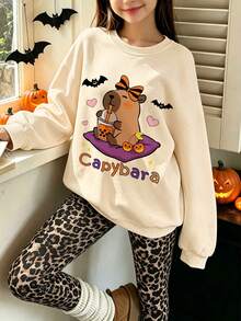 2pcs Sweet & Cool Halloween Girls Outfit, Cartoon Capybara Boba Milk Tea Pumpkin Print Sweatshirt + Leopard Print Leggings, Soft Autumn Daily Wear - Apricot - View 1