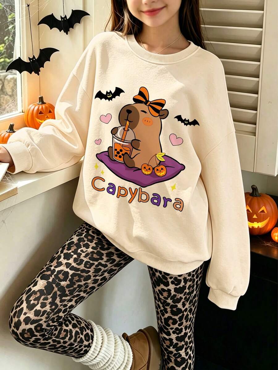 2pcs Sweet & Cool Halloween Girls Outfit, Cartoon Capybara Boba Milk Tea Pumpkin Print Sweatshirt + Leopard Print Leggings, Soft Autumn Daily Wear - Apricot - View 1