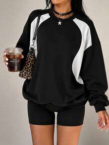 Sweatshirt Wanita Model Longgar Minimalis Warna Blok Patchwork Kasual Serbaguna untuk Musim Gugur/Dingin Terbaru - Hitam - View 1