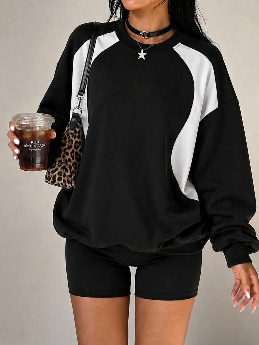 Sweatshirt Wanita Model Longgar Minimalis Warna Blok Patchwork Kasual Serbaguna untuk Musim Gugur/Dingin Terbaru - Hitam - View 1