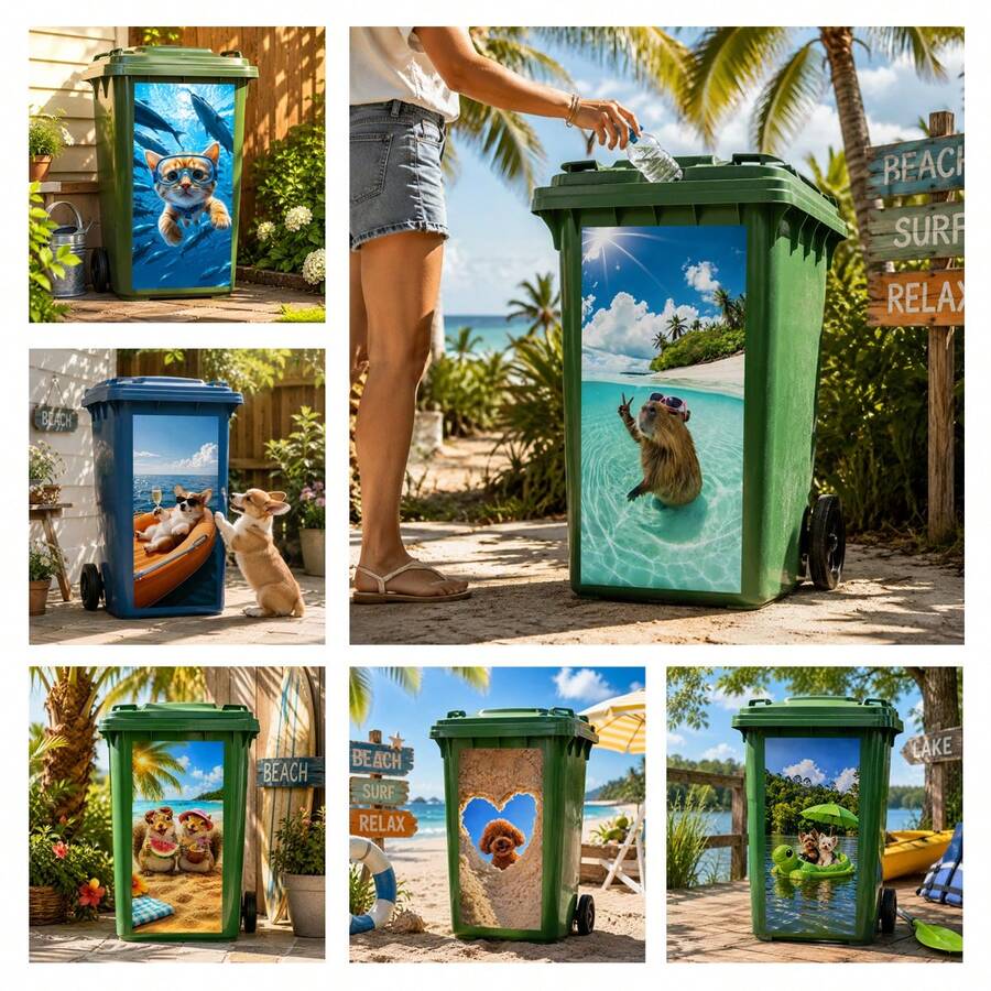 Peel And Stick Waterproof Trash Can Stickers Set – Funny Animal Garbage Bin Decals Outdoor Wheelie Bin Makeover Garden Patio Yard Decor Removable Vinyl Sticker Home Exterior Decor - Fun Trash Can Sticker - View 1