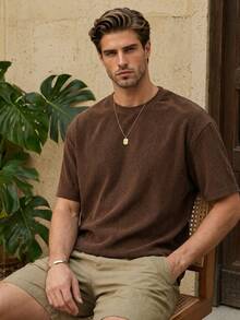Men's Casual Loose Fit Round Neck Short Sleeve T-Shirt, Coffee Color - Coffee Brown - View 3