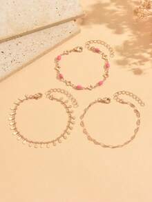 3pcs/Set Elegant Elegant Bracelet Hollow Four-Leaf Clover Pink Enamel With Water Drop Tassel Chain Fashion Versatile Gold Women's Hand Jewelry Suitable For Daily Wear And Dating Vacation - Multicolor - View 2