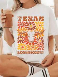 Texas Longhorns College Floral T-Shirt,UT Longhorn  Tee,College Game Day Shirt,Austin Texas College Chirt,Hook Em Horns Gift Comfortable,Loose-Fitting - 白色 - 查看 14