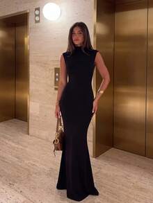 New Elegant Pure Black Faux Collar Sleeveless Fitted Long Dress, Slit Hem Knit Evening Gown, Suitable For Banquets, Wedding Guests And Cocktail Parties - Black - View 11