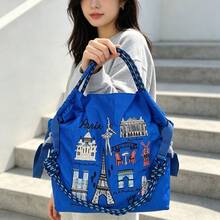 1 buah Tas Belanja Motif Menara Eiffel Bordir Terbaru, Tas Tote Bahu Lipat Kapasitas Besar untuk Pesta dan Perjalanan, Bahan Nilon - MultiWarna - View 4