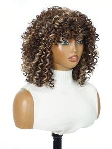 70s African Style Bangs Wig, Ombre Golden Curly Wig, Fluffy Curly African Style Wig, High Quality Synthetic Large African Style Wig 12-Inch Afro Wig - Multicolor - View 6