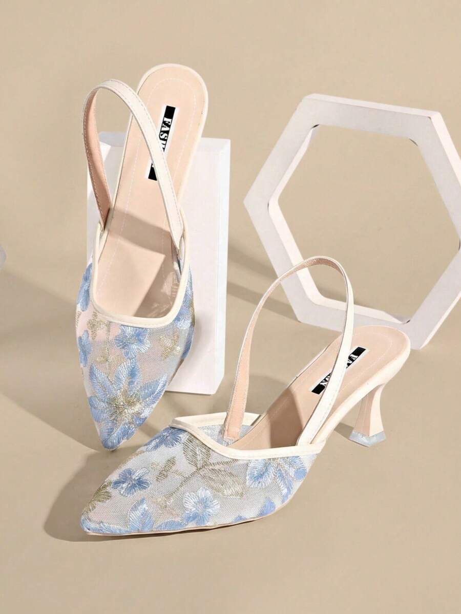 Pointed Toe High Heel French Evening Style Closed Toe Slide Sandals Women's Shoes Spring Summer High Heel Sandals Fairy Shoes For Skirts - Blue Rear Lift - View 1