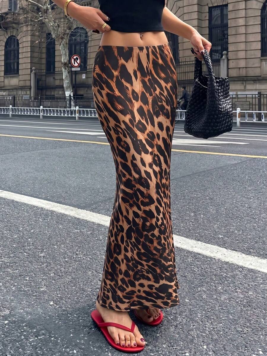 女款豹紋休閒百搭日常穿著裙 - 咖啡棕 - 查看 1