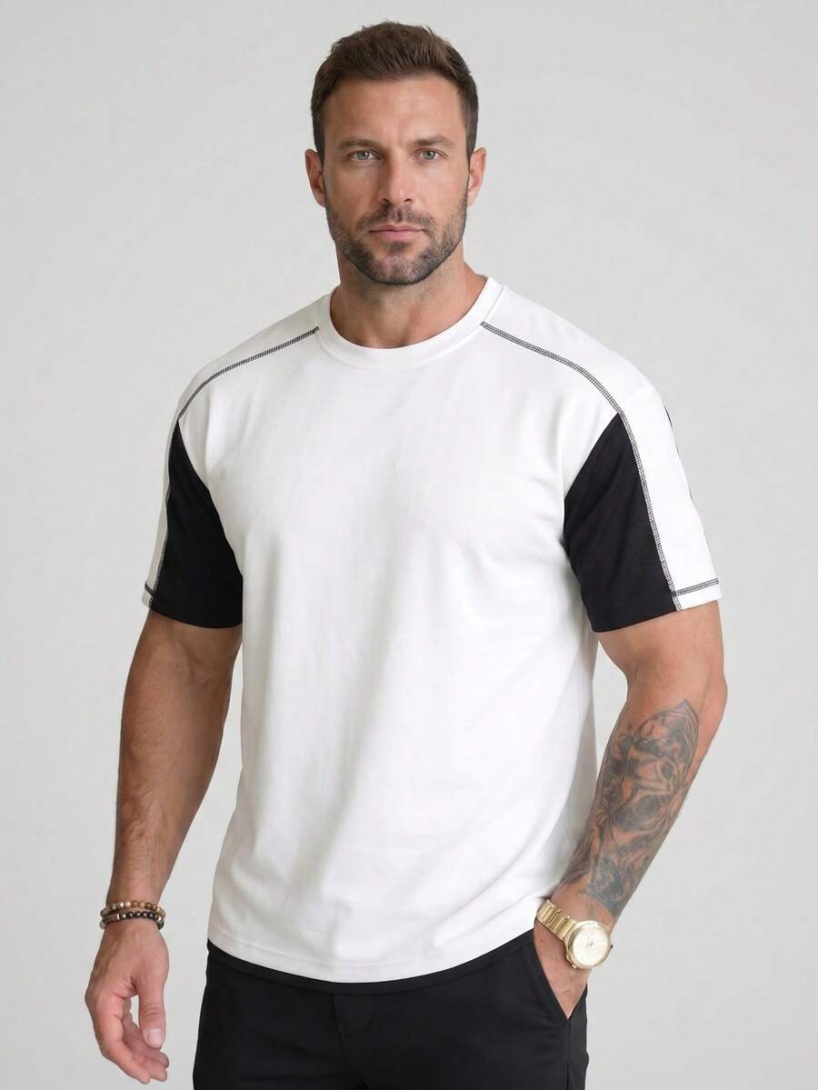 Men's Summer Retro Patchwork Raglan Sleeve Loose Short Sleeve T-Shirt Round Neck Contrast Color 2 In 1 Top