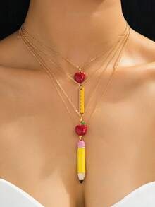 Kalung Liontin Apel Penggaris Pensil Enamel 3D Lucu, Perhiasan Fashion untuk Kembali ke Sekolah dan Kelulusan, Cocok Sebagai Hadiah untuk Pemakaian Sehari-hari Siswa dan Wanita Muda - Yellow Gold - View 4