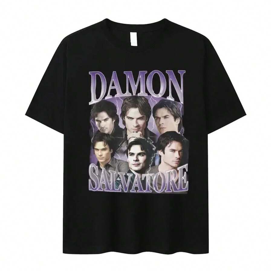 Camisa con estampado de Damon Salvatore Ian Somerhalder de drama televisivo para mujeres, moda gótica retro, camisa oversize para streetwear de mujer - YL540-7BIack - Ver 1