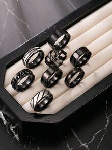 8pcs Black Stainless Steel Rings, Gothic Rings, Textured Matte Rings, Patterned Rings, Outdoor Rings, Suitable For Daily Wear, Gift For Boyfriend, Gift For Classmate, Selected Gift - Black - View 2