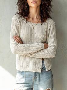 女款純色圓領不對稱鈕扣腰部鏤空開衩針織長袖開襟衫，休閒時尚性感秋冬款 - 米色 - 查看 4