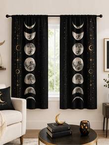 2pcs Polyester Printed Starry Night Sky Forest Moon Pattern Semi-Sheer Curtains, Rod Pocket Design, Machine Washable, Perfect For Bedroom, Office, Kitchen, Living Room, Study Decoration (Rod Not Included), Bedroom Decor, Living Room Curtains - Multicolor 3 - View 7