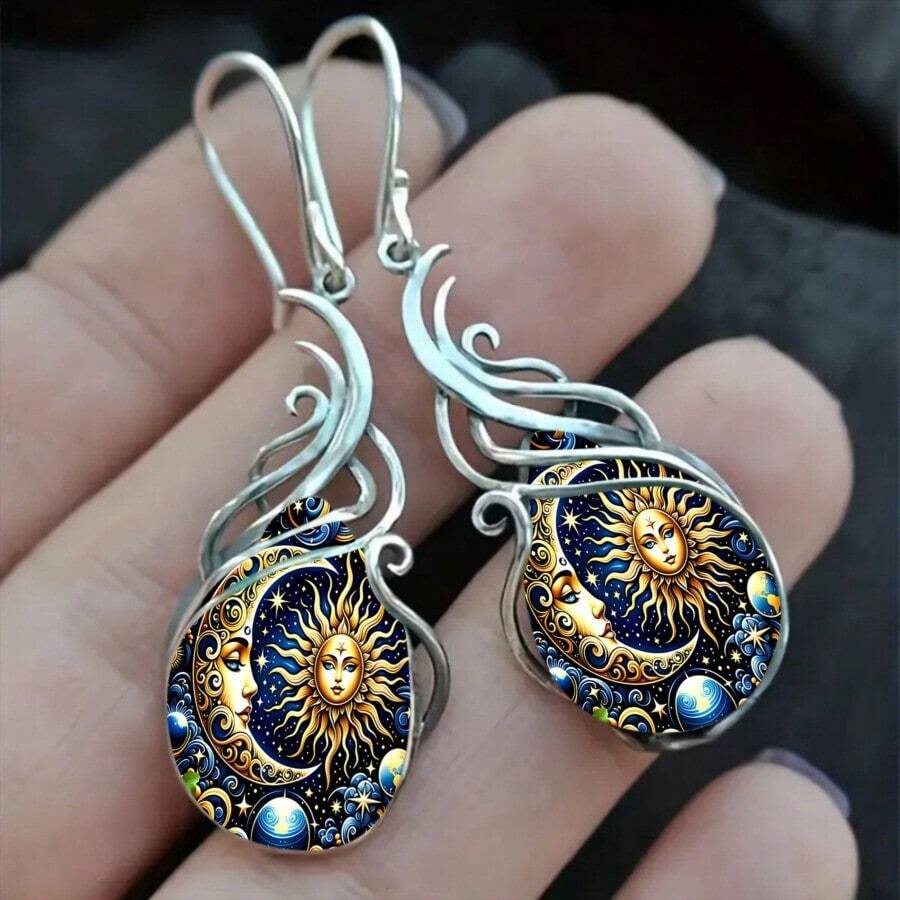 2pcs/Set Sun Moon Earrings, Sky Beauty Earrings, Universe Earrings, Mythological Earrings, Water Drop Earrings, Pendant Earrings, Star Earrings, Jewelry Accessories - Silvery - View 1