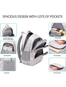 3pcs Set Fresh Chrysanthemum Girl & Boy Backpack, Tote Bag, Pencil Case For School And Daily Use - Grey - View 3