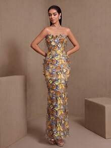 Elegant Sleeveless Open Shoulder Long Bow Formal Evening Gown For Women Wedding Party Fall - Apricot - View 6