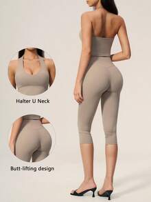 TimeOff Setelan Olahraga Wanita Satu Set Warna Polos, Atasan Tank Top Halter V-Neck Pendek & Celana Pendek Pinggang Tinggi Panjang Sedang - Khaki - View 11