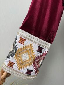 Elegant Velvet Islamic Kaftan Abaya Long Robe With Tassel Embroidery, Autumn/Winter Long Sleeve Modest Arabic Style Dress, Suitable For Weddings, Evening Parties, Ramadan - Burgundy - View 9