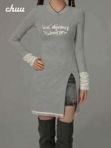 CHUU Women's 2 In 1 Patchwork Long Sleeve T-Shirt, Autumn Letter Print Split Hem Mid-Length Top - Grey - View 3
