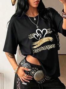 女款黑色印花短袖圓領寬鬆版型T恤，Y2K風格休閒上衣，適合日常穿著 - 黑色 - 查看 3