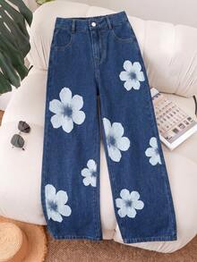 Girls' Casual Cute Floral Pattern Dark Blue Straight Leg Washed Denim Jeans For Daily Wear - Dark Wash - View 1