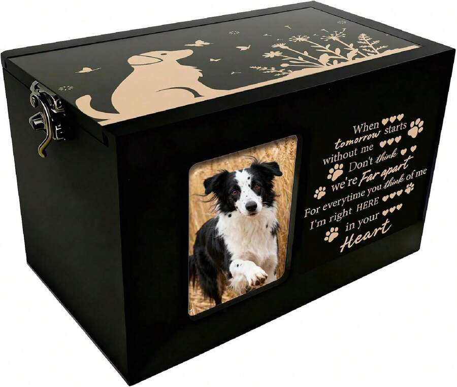PRESSINART Dog Pet Urn Wooden Pet Memorial Box Dog Flower Butterfly Words Pattern Rectangle Storage Containers Cremation Box With Photo Frame For Animal Memorial Remembrance Gift 6.3 X 4.3 X 4.3 Inch - ColorC - View 1