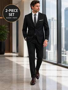 HEYKESON Men 2-Piece Formal Suit Slim Fit Blazer And Trousers Business Wedding Outfit Set - Black - View 3