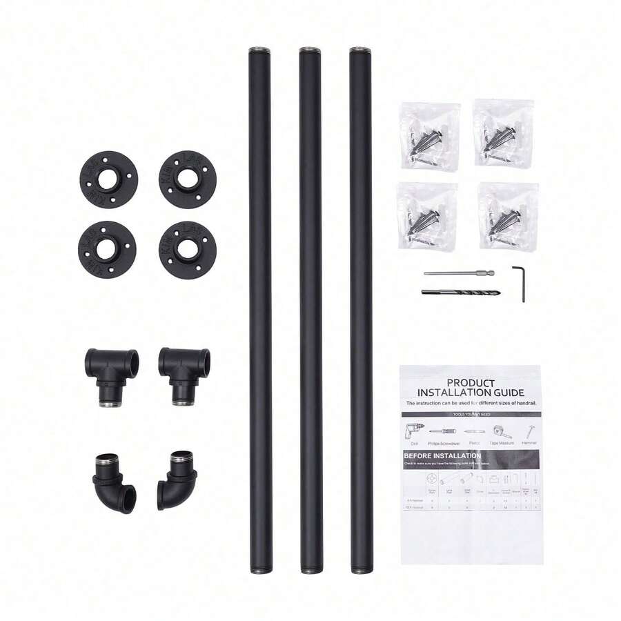 SENDERPICK For Wall Mount 3 Sections 8FT Black Pipe Stair Handrail Staircase Handrail Metal - Black - View 1
