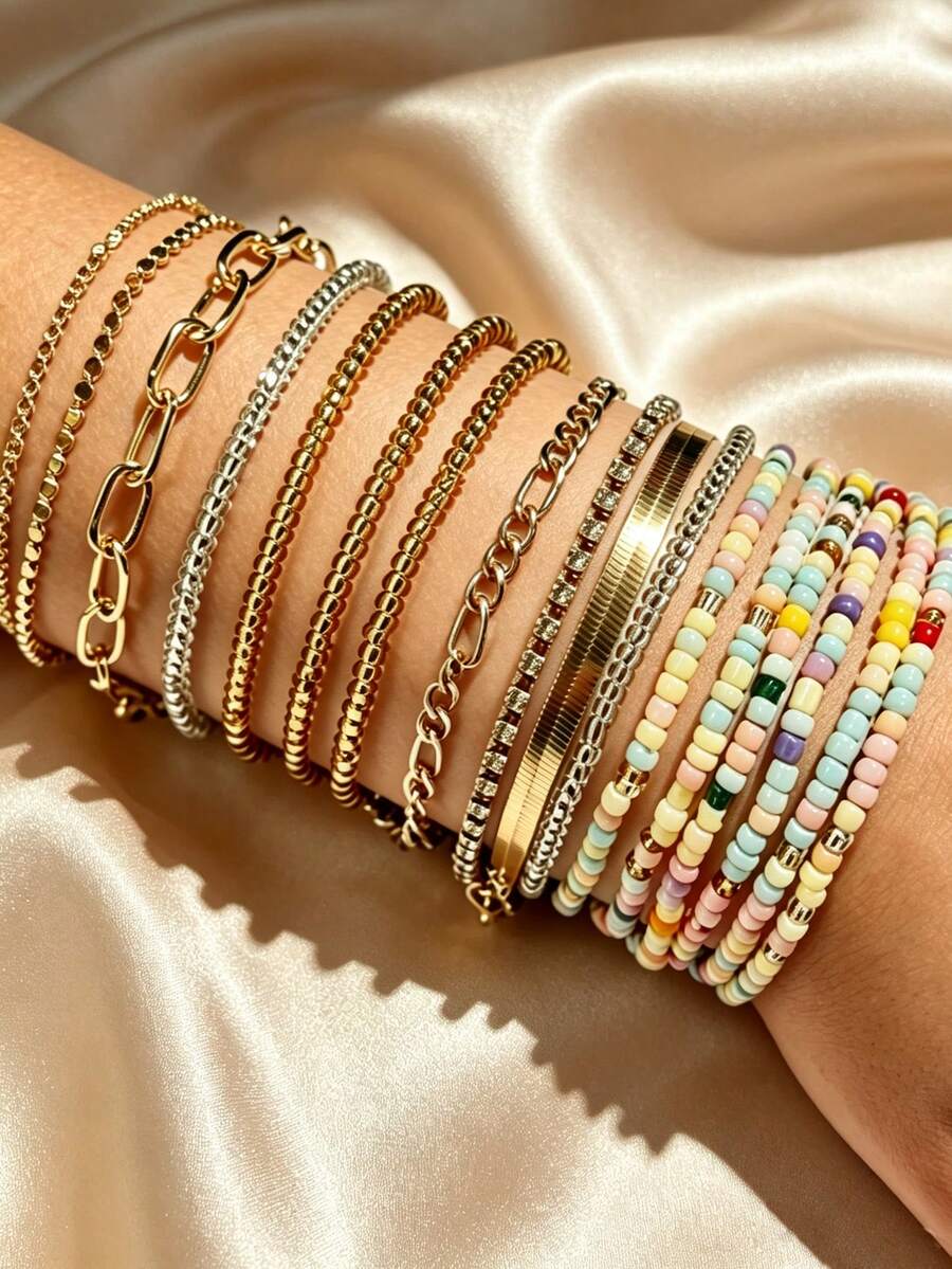 17PCS INS Style Macaron Beaded Elastic Bracelet Metal Paperclip Chain Mixed Multi-Layer Versatile Commute Stackable Bracelet Set For Women - Gold - View 1