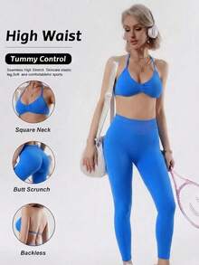 Women's Summer Two Pieces Blue Top And High Waisted Leggings Suit For Exercise Yoga Pilates Gym Run Wear Sports - Royal Blue - View 5