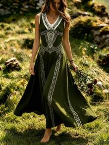 1PC Vintage European Court Style Women's Dress, Medieval Creative Floral Pattern Totem Deep V-Neck Sleeveless Dress, Elegant Traditional Attire Fall - Multicolor - View 2