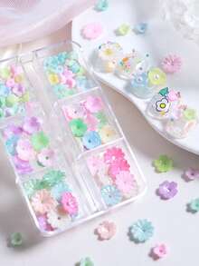 6格盒裝馬卡龍幻彩5瓣小花美甲裝飾，透明極光樹脂花，春季女孩多巴胺DIY可穿戴美甲配件 - 彩色 - View 4
