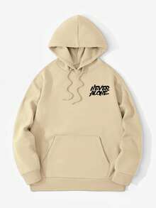 Men's Apricot Inspirational Slogan Hoodie NEVER ALONE Boxing Gloves Multi-Layer English Print Loose Drop Shoulder Drawstring Pullover Sweatshirt - Apricot - View 4