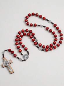 1pc Handmade Red Rosary Necklace, Vintage St. Benedict Cross Pendant Necklace, Christian Gift, Handwoven Necklace - Brownish Red - View 1