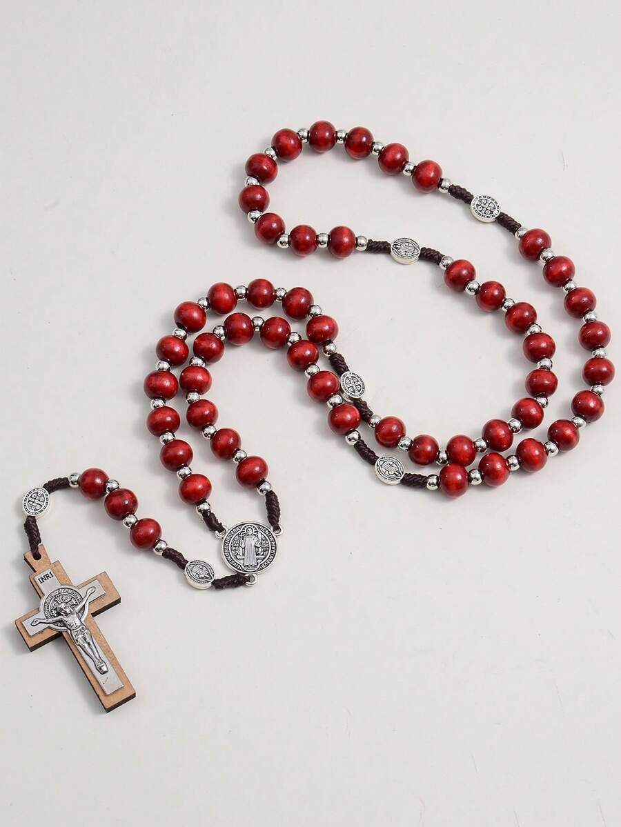 1pc Handmade Red Rosary Necklace, Vintage St. Benedict Cross Pendant Necklace, Christian Gift, Handwoven Necklace - Brownish Red - View 1