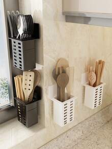 1pc Multi-Function Dual-Use Hollow Drainage Storage Cup, Countertop And Wall-Mount Universal, Toothbrush And Toothpaste Holder, Wall-Mounted Bathroom Comb And Razor Storage Rack, Drill-Free Bathroom Shelf, Kitchen Utensil Storage Rack, Stationery Pen Holder - Multicolor - View 2