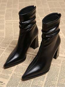Women's Pointed Toe Ruched Ankle Boots With Chunky Heel, Black, 2026 Autumn/Winter New Style Elegant High Heel Boots For Holidays - Black - View 5