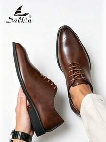 Salkin 經典復古設計師男士正式繫帶牛津皮鞋，適合現代生活的平價奢華，布洛克軟皮透氣尖頭正裝鞋，商務社交鞋，優雅紳士日常辦公派對婚禮新郎，適合情侶約會浪漫晚餐，節日禮物，返校季學生鞋，學院風，四季皆宜，請選擇大一號 - 棕色 - 查看 1