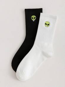 2 Pairs Embroidered Alien Pattern Unique & Fun Men's Mid-Calf Socks, Unisex, Suitable For All Seasons, Comfortable & Breathable, Perfect For Daily Wear - Black and White - View 4