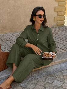 PoPoHouse 女款秋季兩件套 純色棉質休閒長袖領口襯衫上衣與寬鬆寬腿長褲 優雅 - 軍綠色 - 查看 11