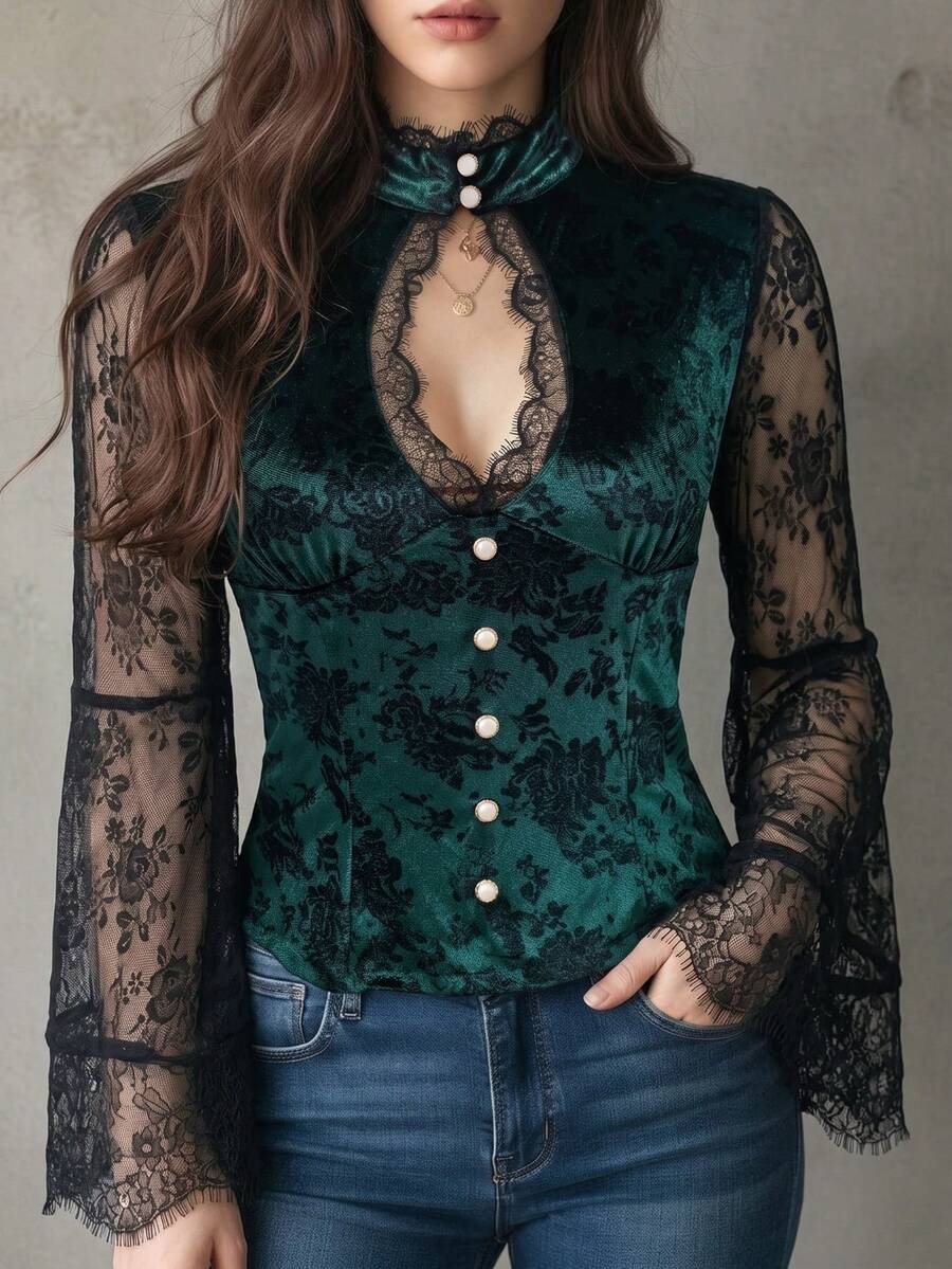 Women's Autumn Velvet Lace Top, Long Ruffle Sleeve Stand Collar Blouse, Semi-Transparent Details, High Elastic Knit Fabric Fall - Green - View 1