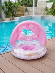 Flotador de cola de sirena rosa con sombrilla, patrón de cielo estrellado, adecuado para juegos de agua en la playa de verano - Multicolor - Ver 1