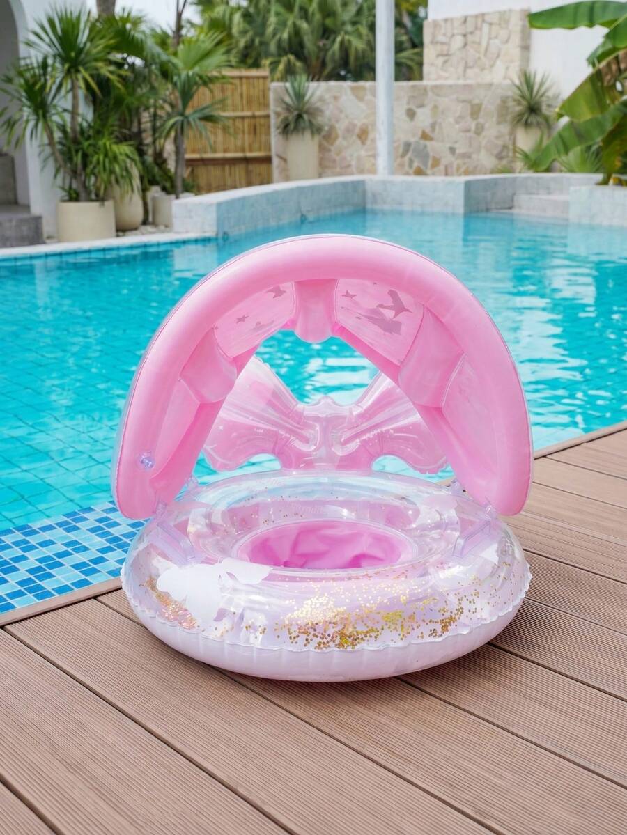 Flotador de cola de sirena rosa con sombrilla, patrón de cielo estrellado, adecuado para juegos de agua en la playa de verano - Multicolor - Ver 1