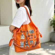 1 buah Tas Belanja Motif Menara Eiffel Bordir Terbaru, Tas Tote Bahu Lipat Kapasitas Besar untuk Pesta dan Perjalanan, Bahan Nilon - MultiWarna - View 9
